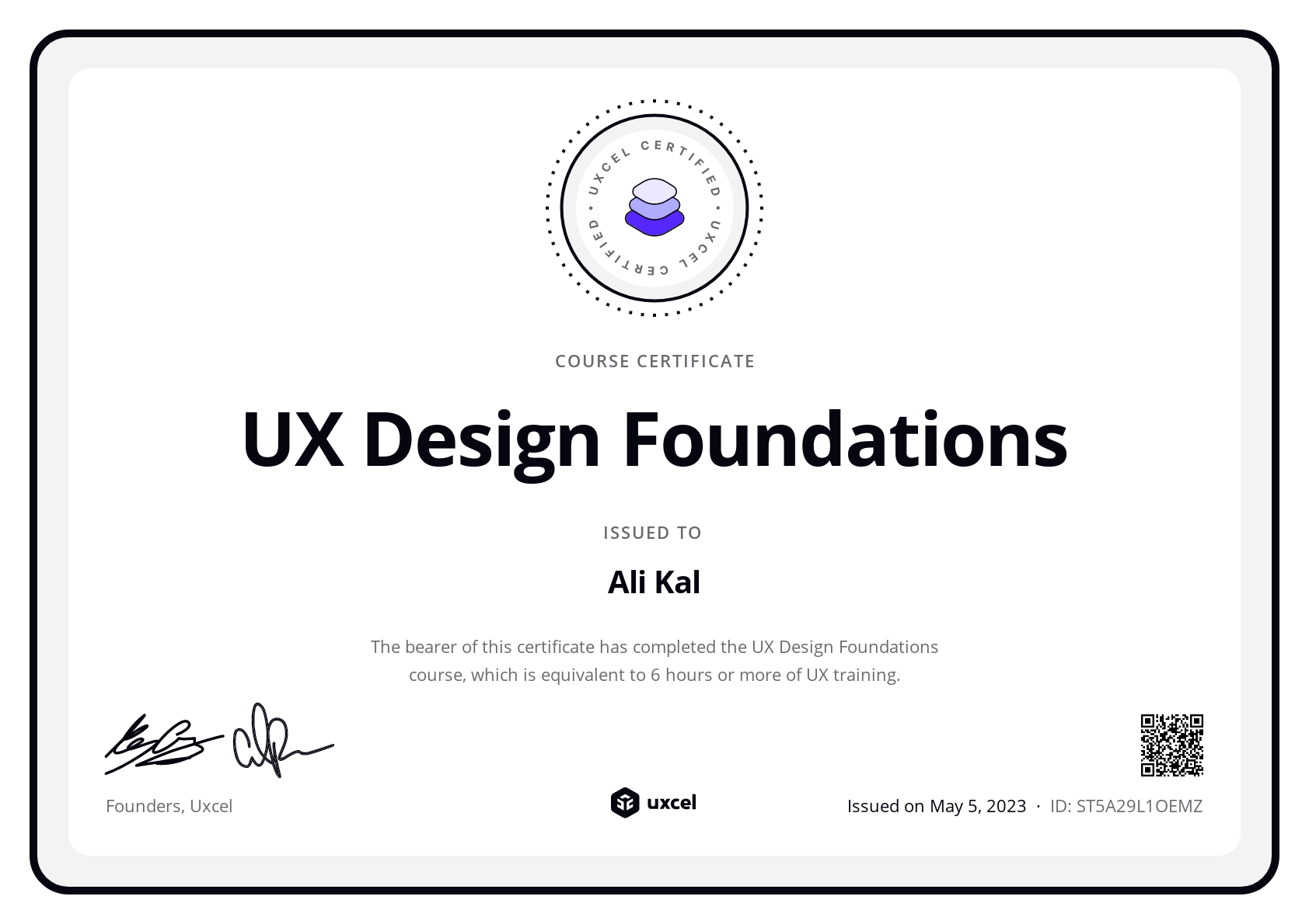 Ali Kal's certificate